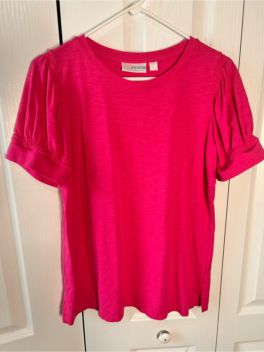 Belle Beach by Kim Gravel Small Pink‎ Double Smocked Sleeve Crew Neck Top Cotton